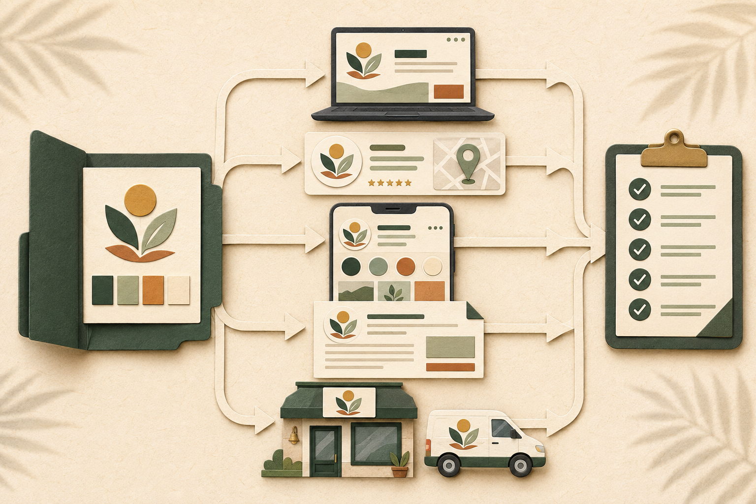 Paper-cut brand consistency system connecting one central brand kit to a website, local listing, social profile, proposal, physical sign, and audit clipboard
