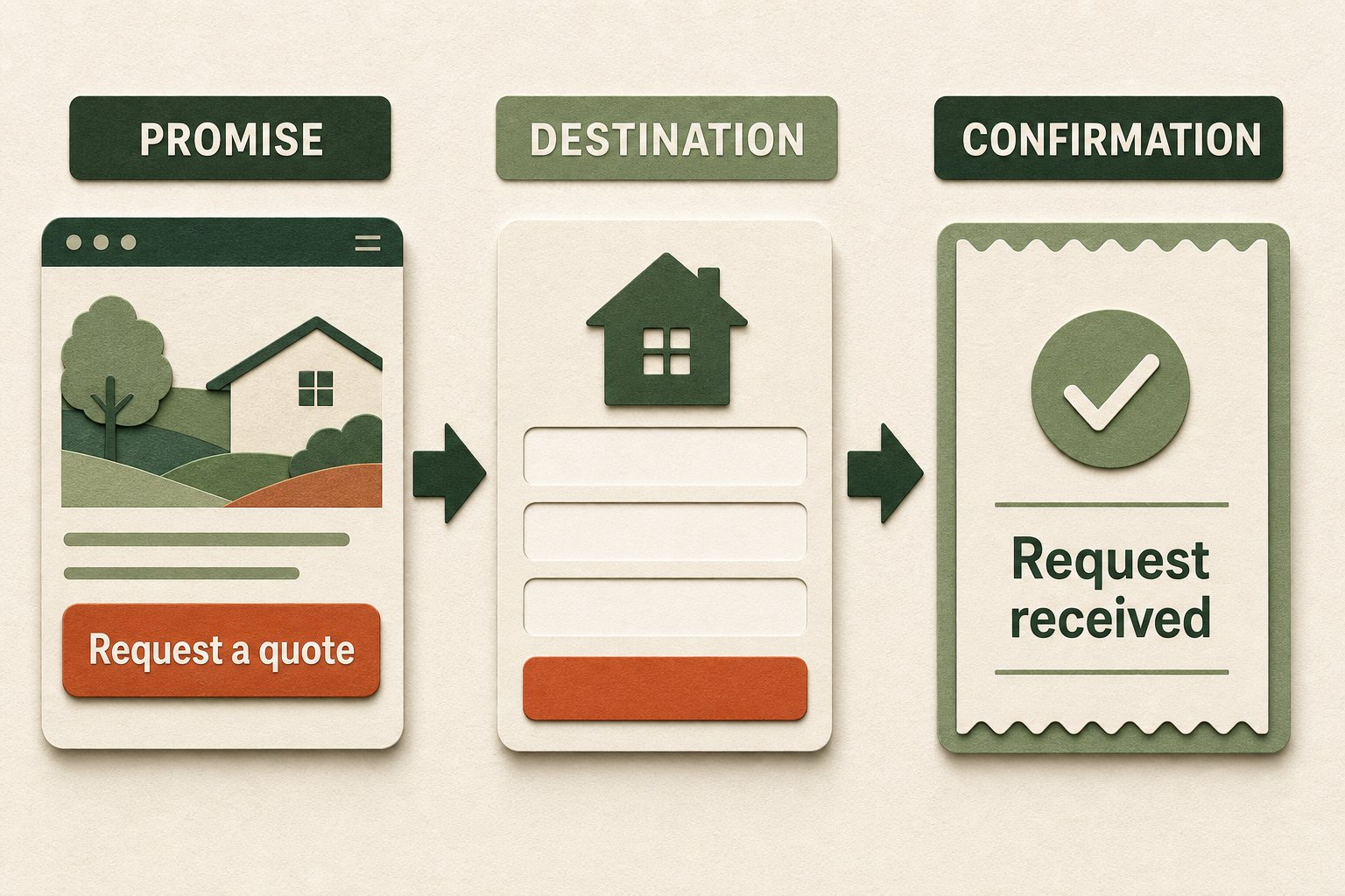 Promise, destination, and confirmation: Request a quote leads to an inquiry form, then a Request received message