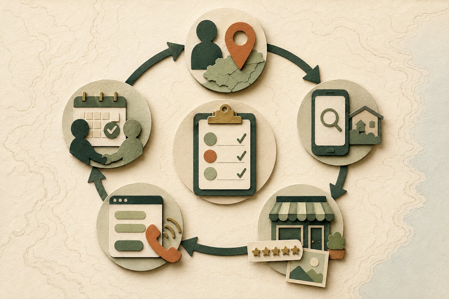 Paper-cut local customer loop connecting target market, discovery, trust, inquiry, follow-up, and source tracking