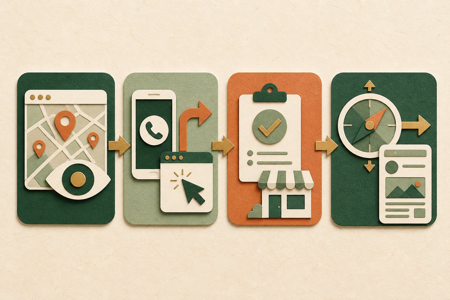Four-stage local SEO measurement flow from visibility to customer action, qualified outcome, and next decision