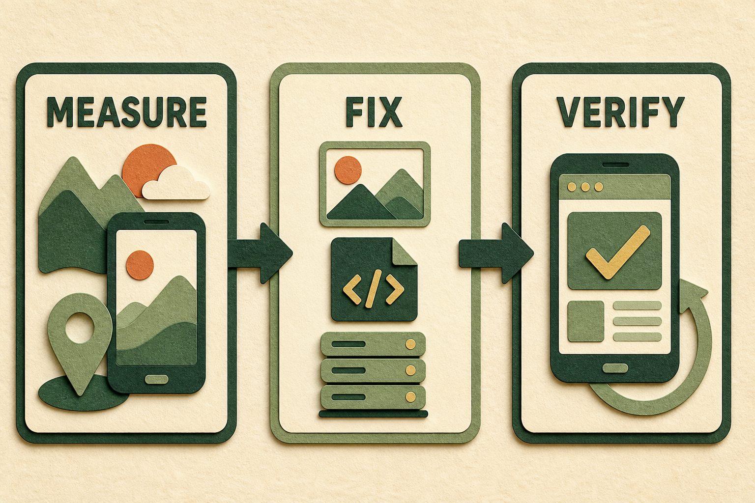 Measure, fix, and verify workflow using field data, prioritized image script and server changes, and a final retest