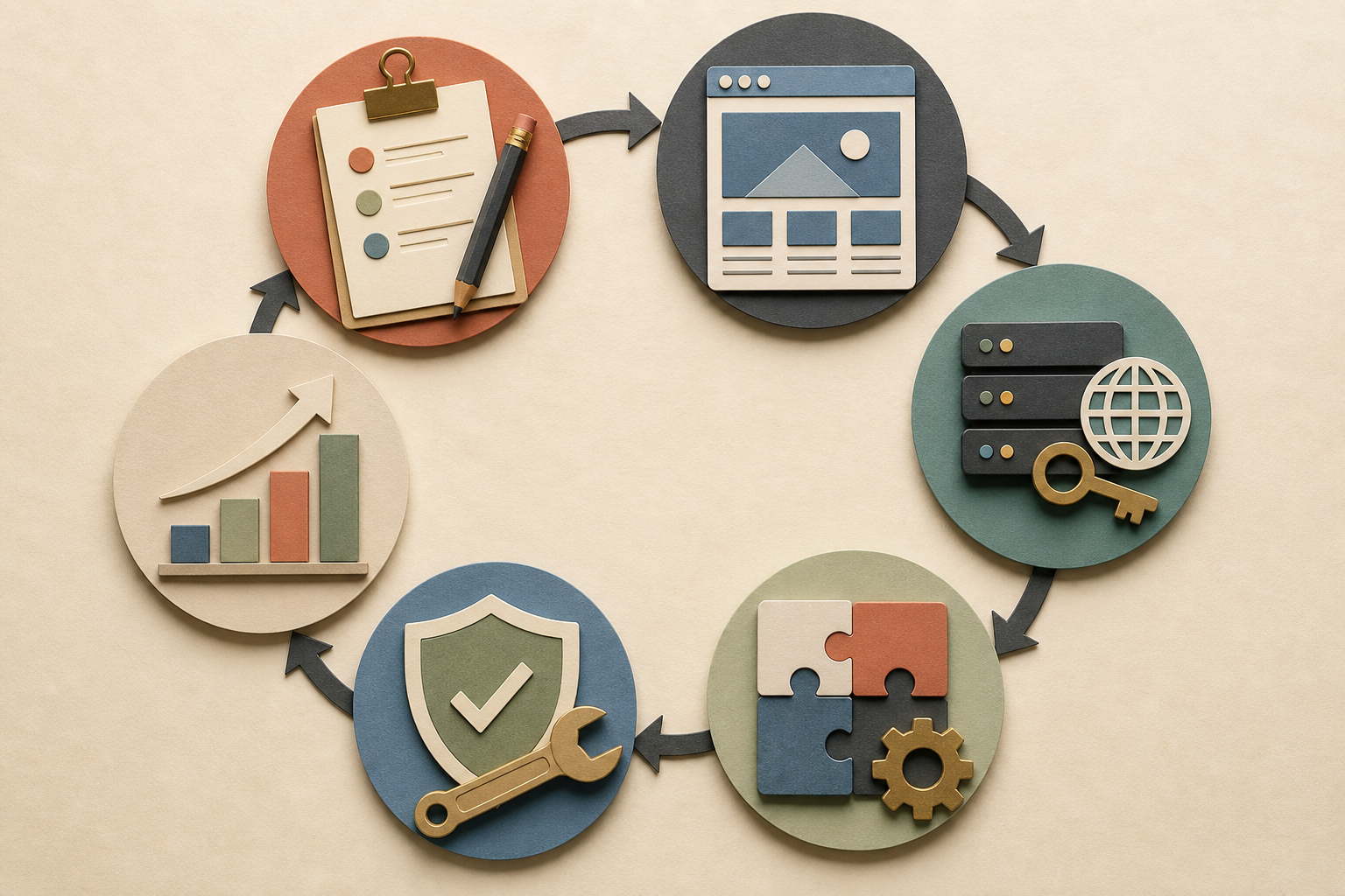Six-part website cost lifecycle showing planning, design, hosting, integrations, maintenance, and future growth