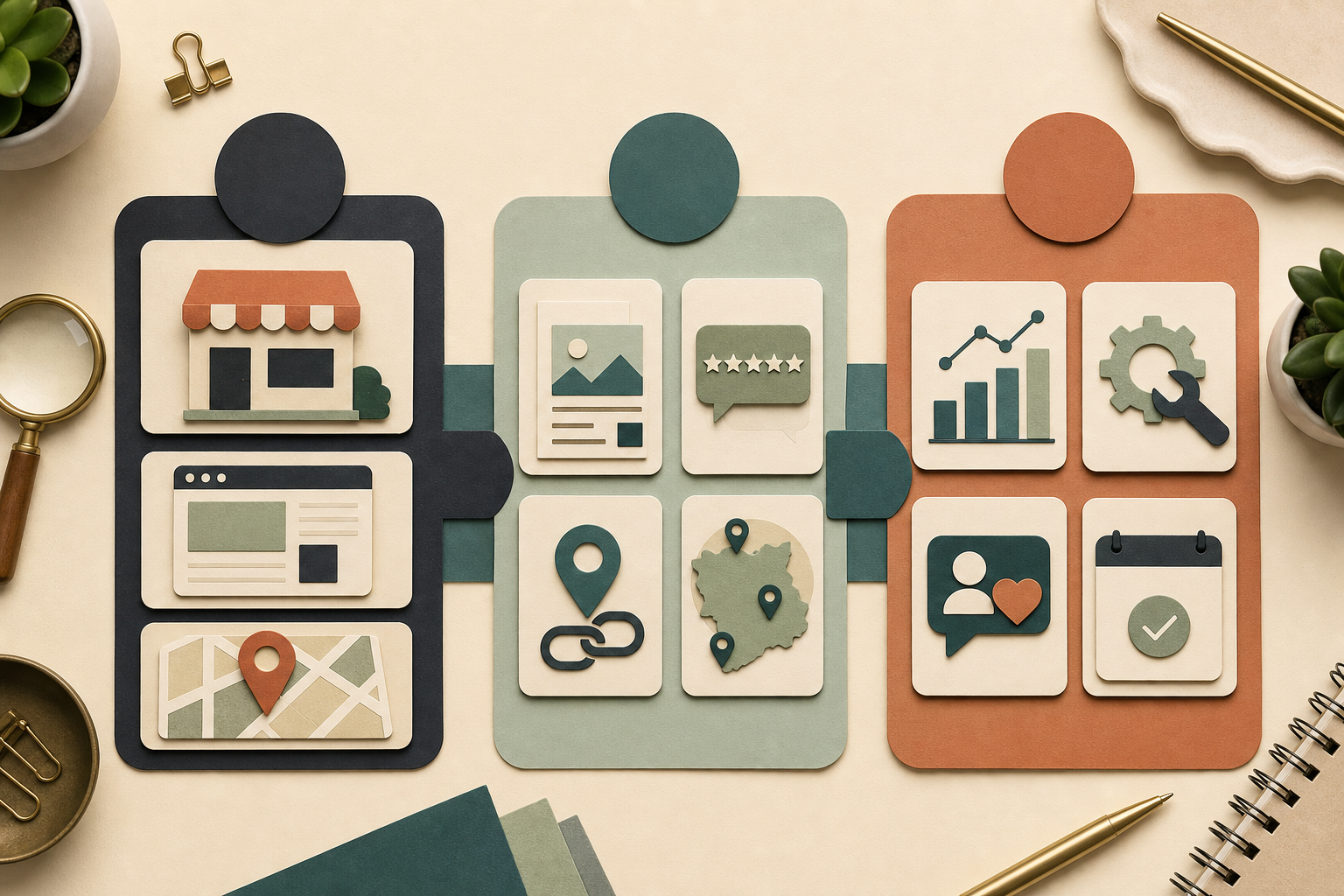 Three-phase local SEO roadmap showing foundation, visibility, and authority with measurement