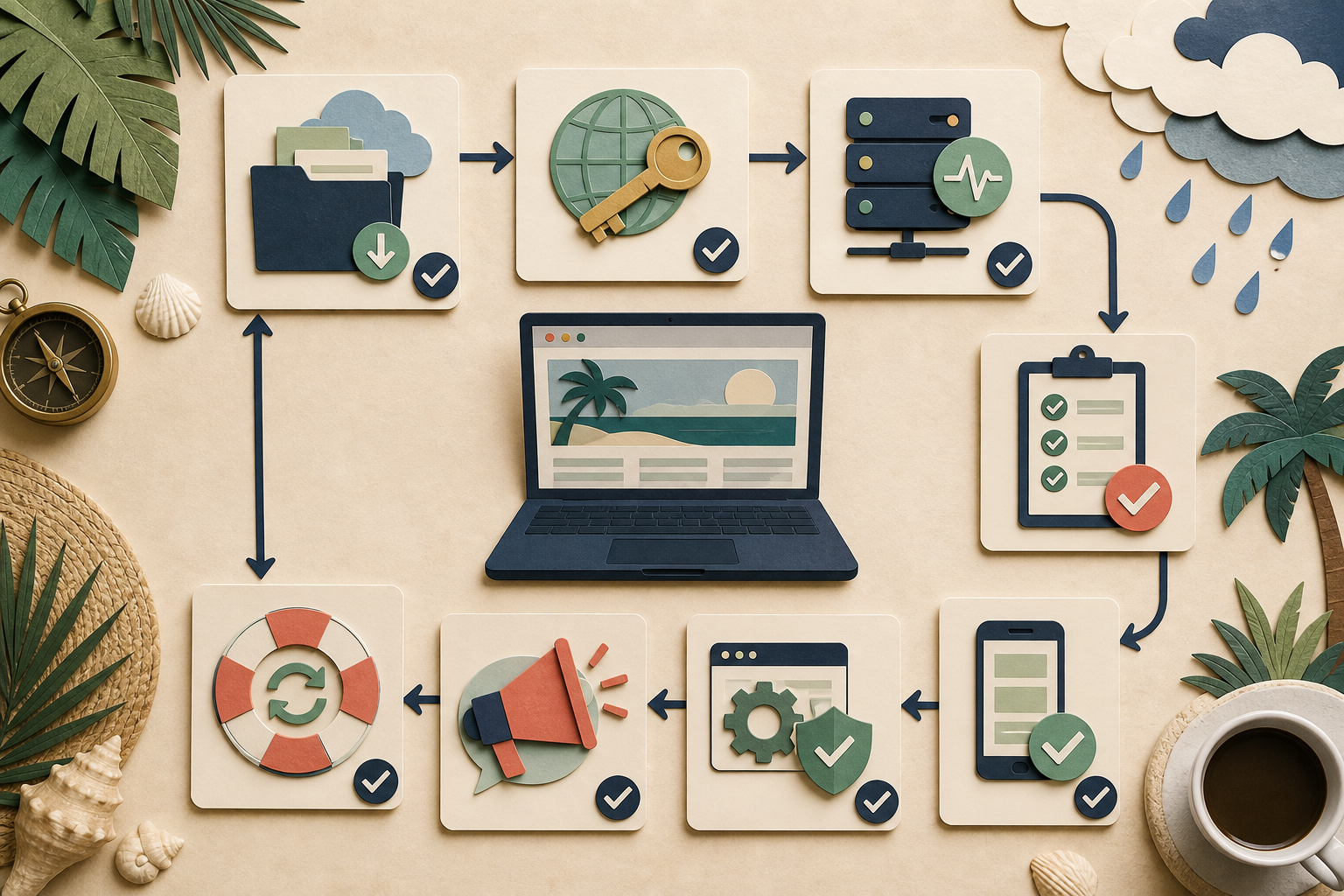 Website continuity loop covering backups, domain access, hosting health, testing, mobile checks, security, emergency notices, and recovery