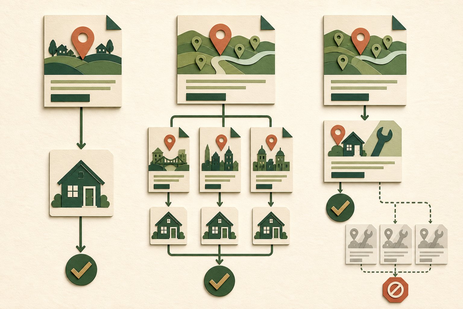 Diagram contrasting a regional hub, useful city pages, and thin service-plus-city page sprawl