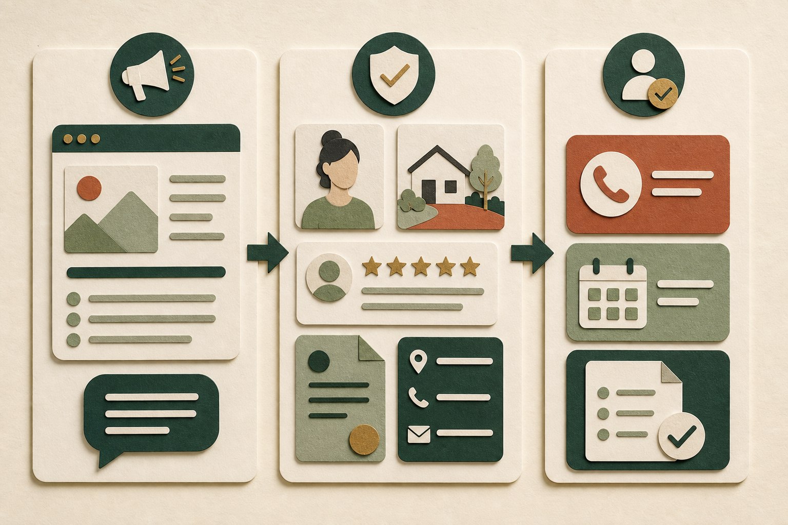 Three-part trust framework showing a website claim supported by evidence and leading to a customer action