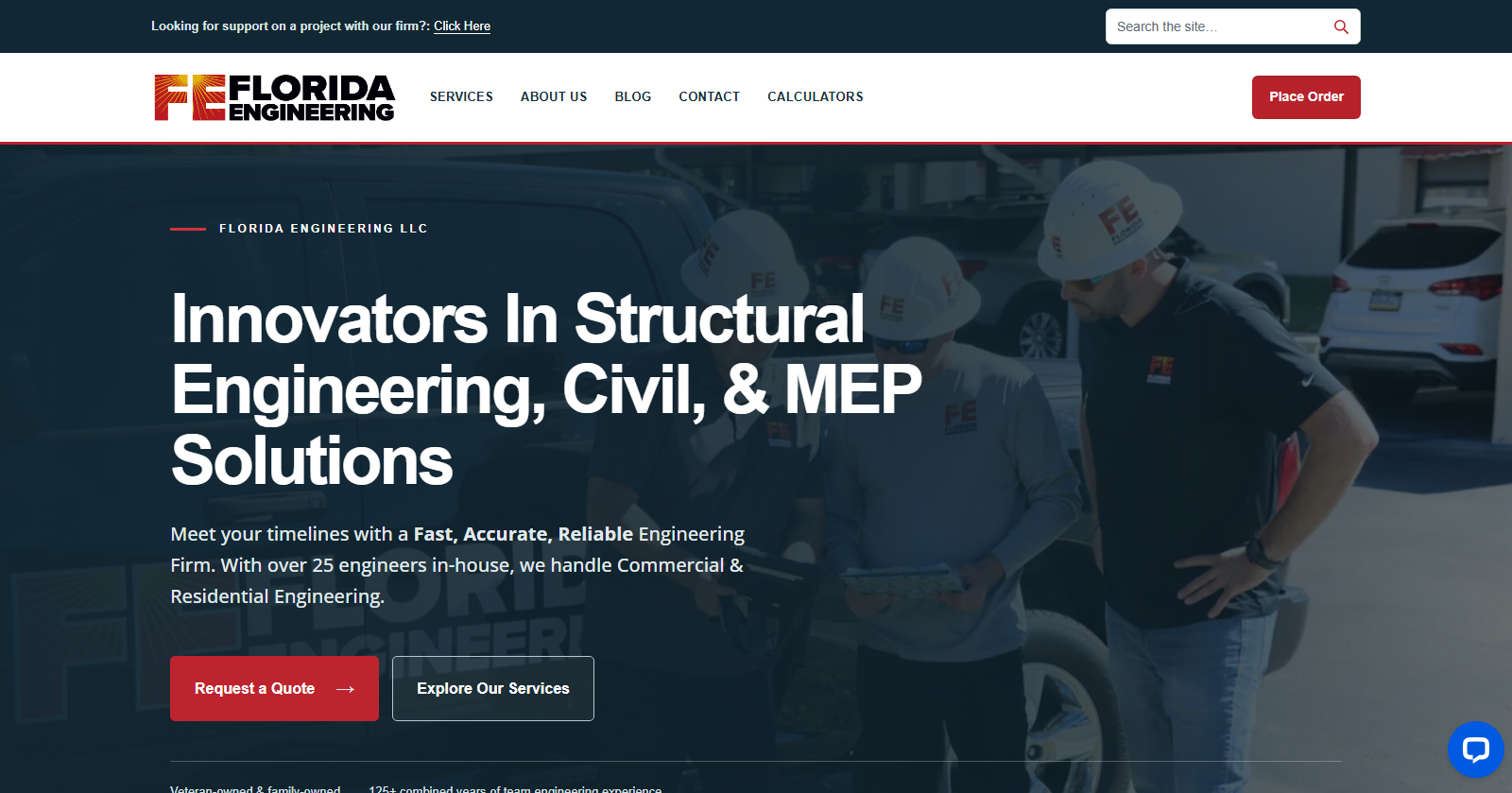 Rebuilt Florida Engineering homepage featuring its structural, civil, and MEP engineering services