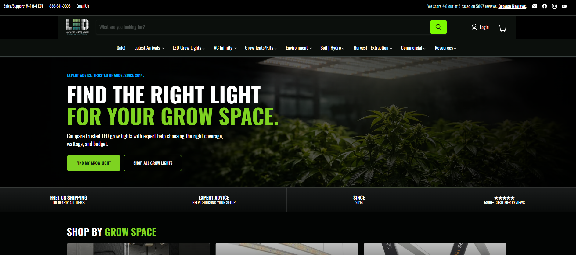 LED Grow Lights Depot homepage featuring its grow-light finder and shopping categories