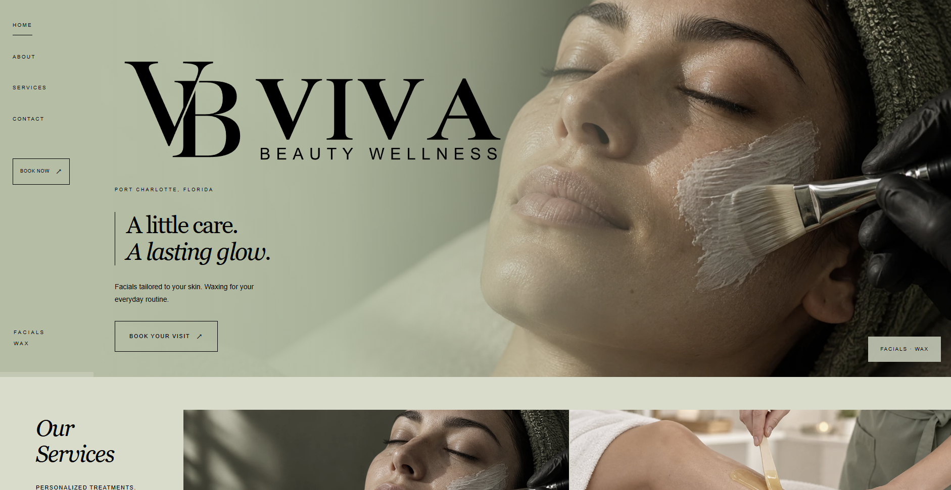 Viva Beauty & Wellness website featuring its facial and waxing services